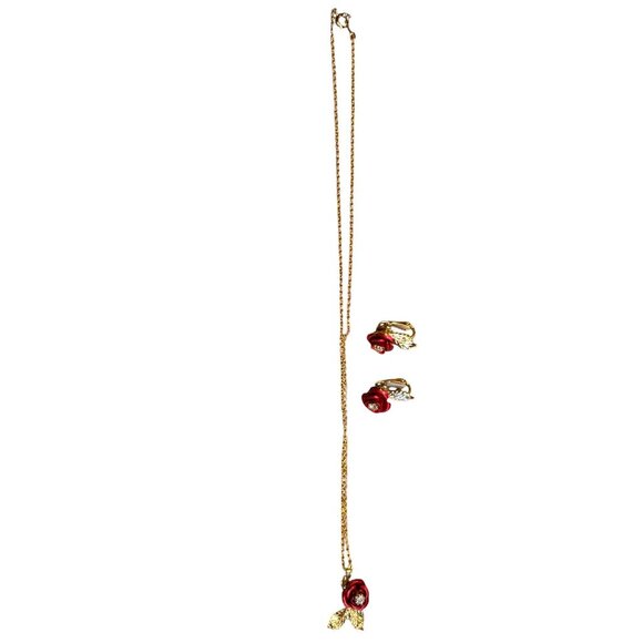 Vintage Lady Victoria Gold-Tone Red Rose Necklace & Earring Set With Rhinestone - Picture 4 of 10